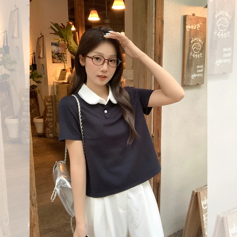 时尚翻领短袖T恤女2025夏季新款韩系甜美宽松休闲设计感短款上衣