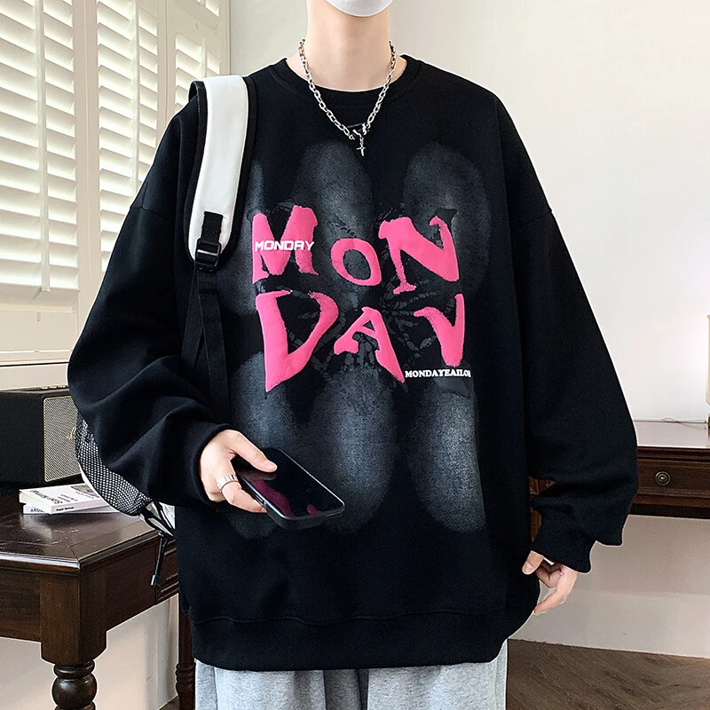 春季新款印花卫衣男款潮牌时尚宽松百搭圆领长袖t恤休闲上衣服男