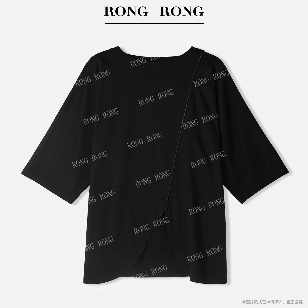 溶溶【暗夜星川】RONGRONG 莫代尔桑蚕丝混纺设计感上衣T恤T-B0028