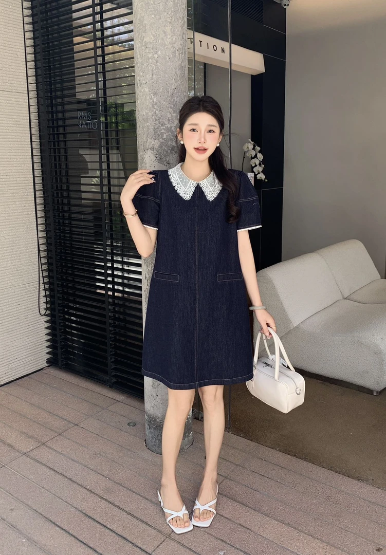 妮子严选夏季新款连衣裙女时尚显瘦娃娃领中长款连衣裙8929