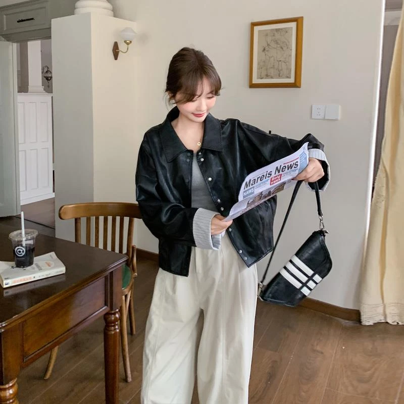黑色短款皮衣外套女2025春季新款复古老钱风宽松时尚休闲机车夹克