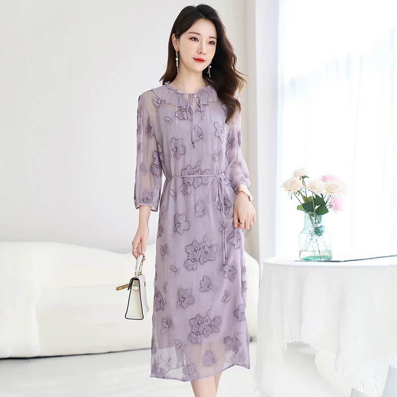 名媛轻奢真丝绣花连衣裙夏女公主风荷叶边领减龄显瘦桑蚕丝中长裙