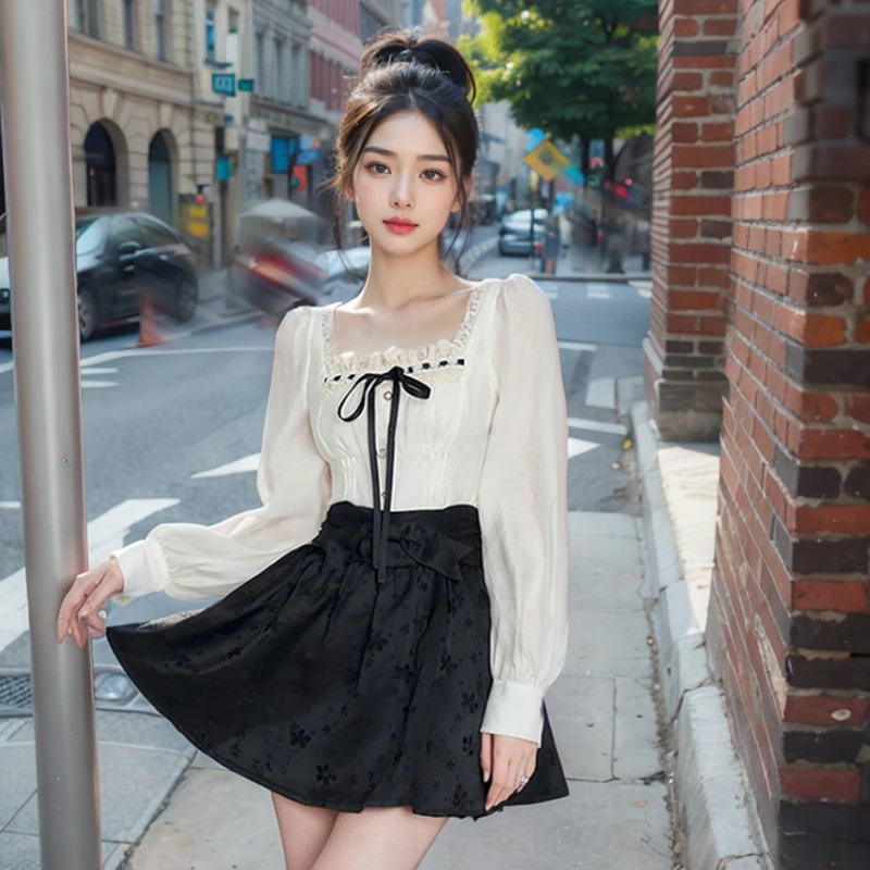 显瘦秋季蕾丝方领木耳边气质小众女早法式新款感小衫短裙两件套