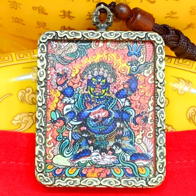 大黑天—单面【古铜色】正宗半手绘描金合金唐卡吊坠挂件送手机贴