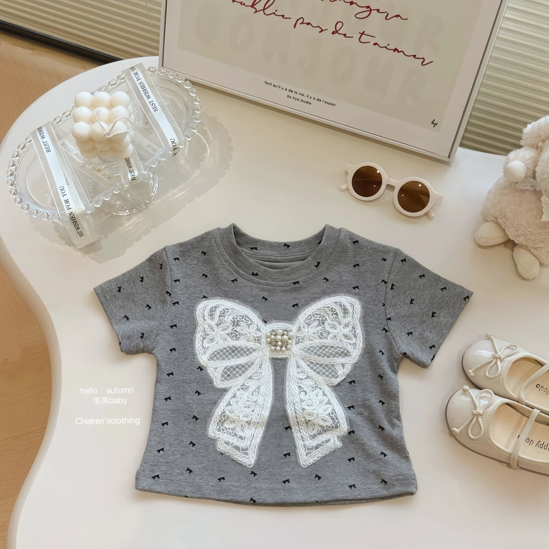 儿童短袖T恤2025夏装新款宝宝韩版薄款蝴蝶结夏季洋气百搭灰上衣