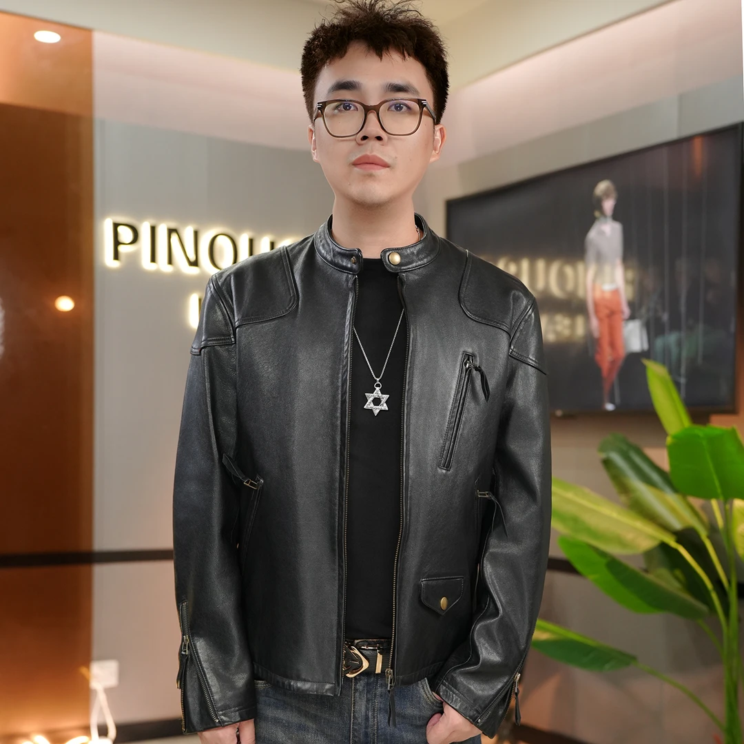 毒液1.0厚头层山羊皮真皮皮衣男士立领美式复古休闲机车夹克外套