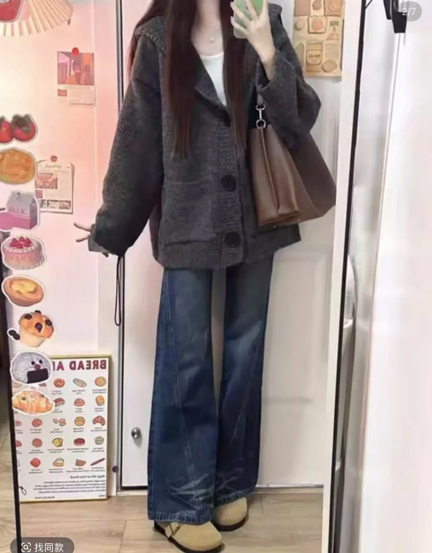 韩系深灰色巫师连帽毛衣外套开衫女春款宽松慵懒风显瘦针织衫上衣