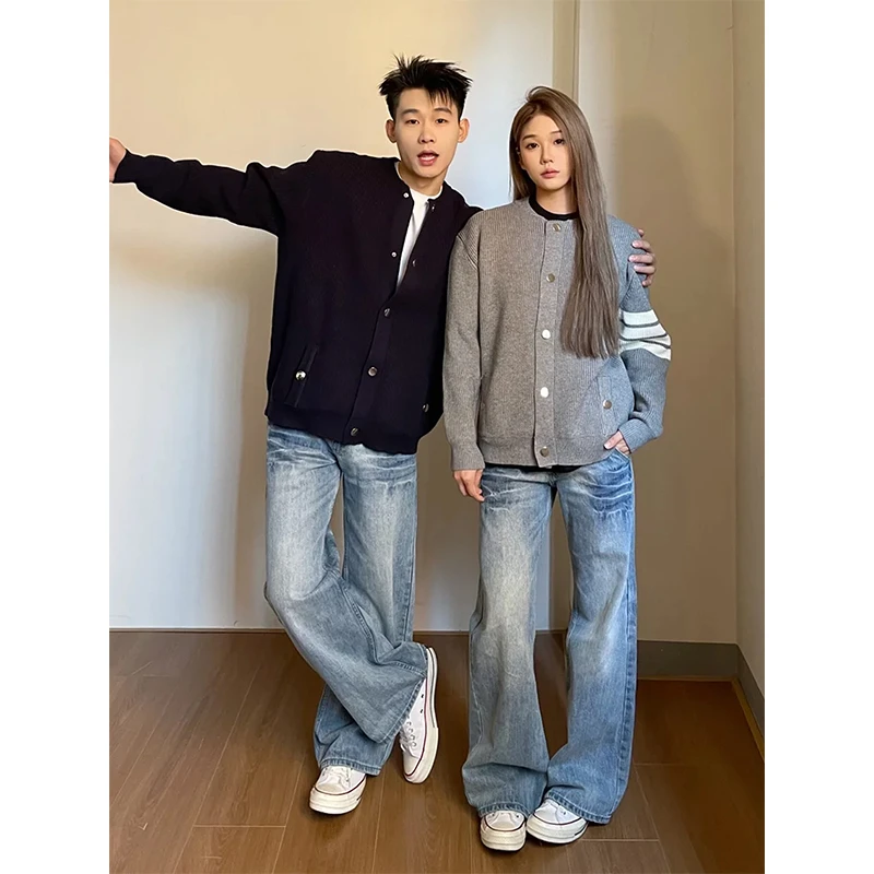 情侣条纹针织开衫外套男秋冬款美式复古cleanfit高级感毛衣外套潮