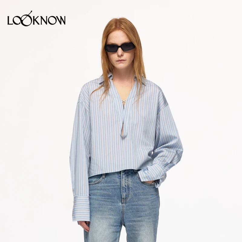 IF BY LAND设计师品牌LOOKNOW2025年春季新款蓝色条纹深V短罩衫
