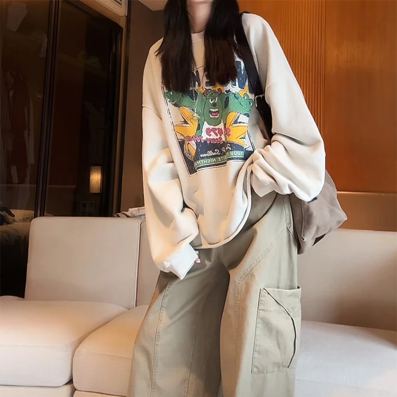 春秋新款圆领套头卫衣女韩版宽松长袖oversize卡通印花慵懒风上衣