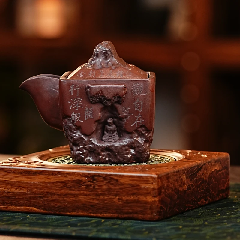 宜兴原矿紫砂全手工高端创意茶具自在四方心经手抓壶