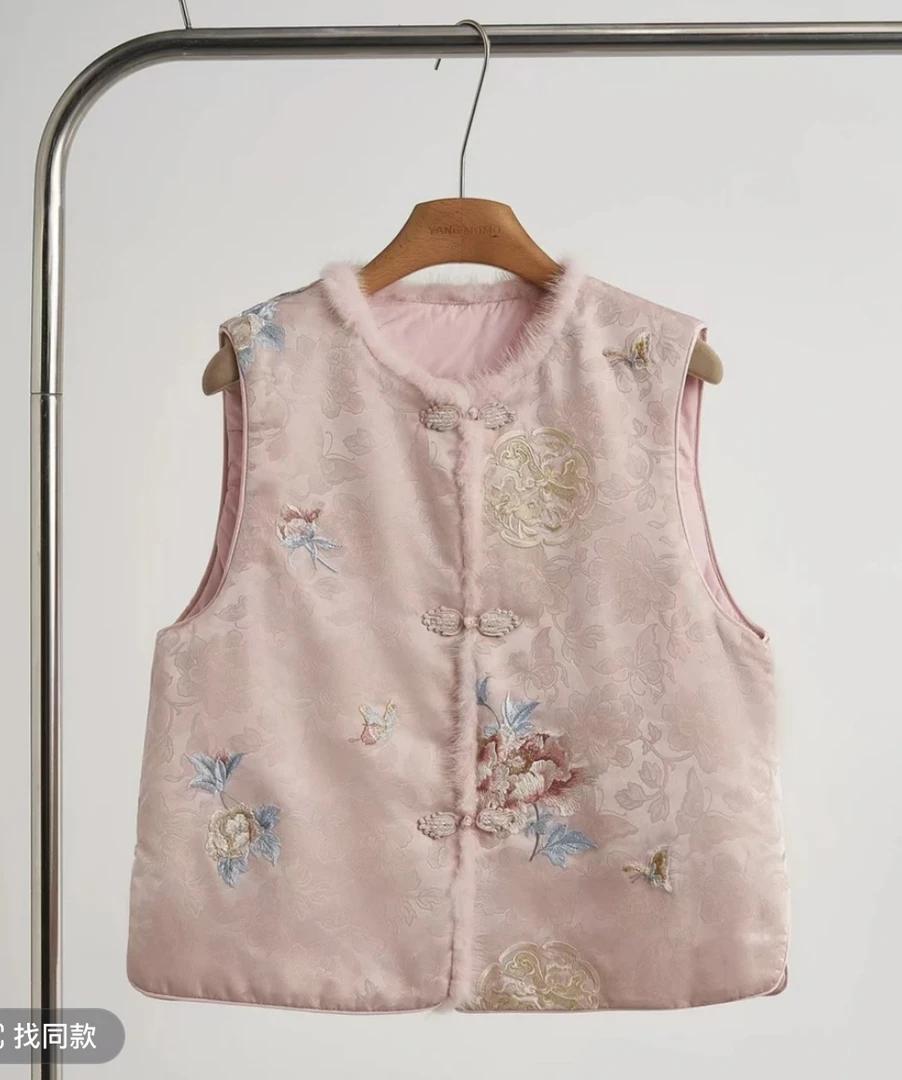 流行设计感国风刺绣绣花水貂毛外套秋冬甜美百搭马甲031