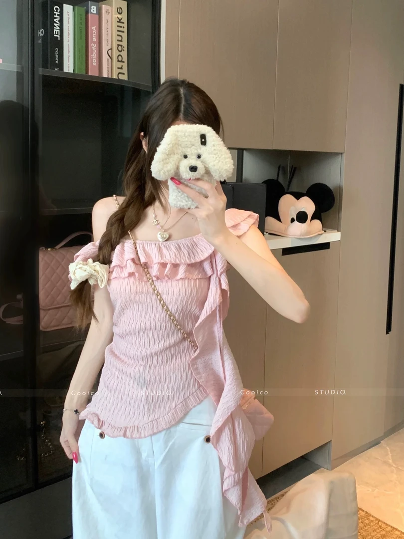 甜美风粉色荷叶边短袖t恤针织衫女夏季飘带收腰不规则小飞袖上衣