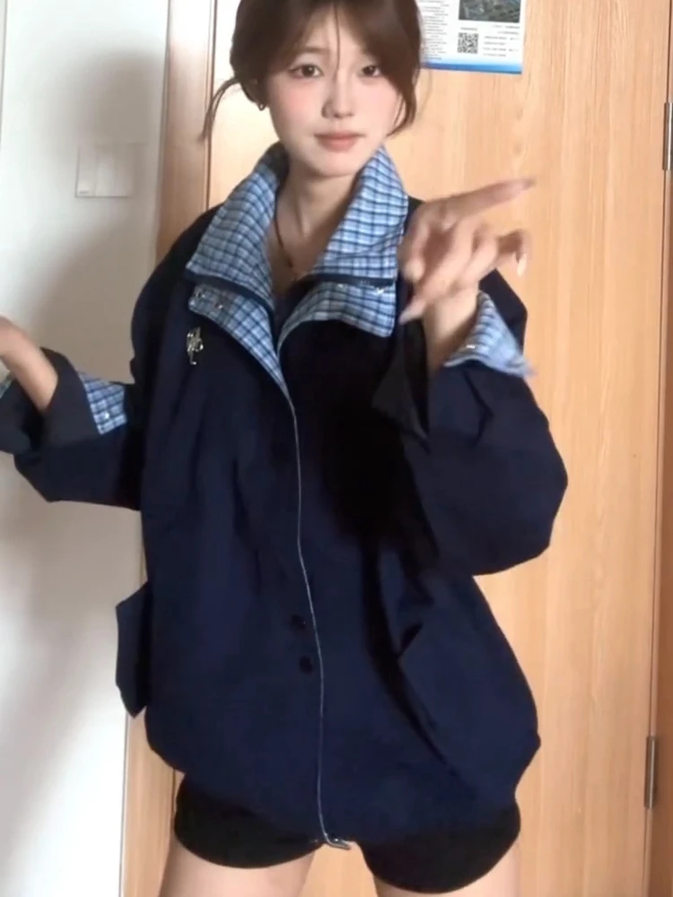 美式复古格子撞色假两件牛仔外套女春秋季新款宽松设计感夹克上衣