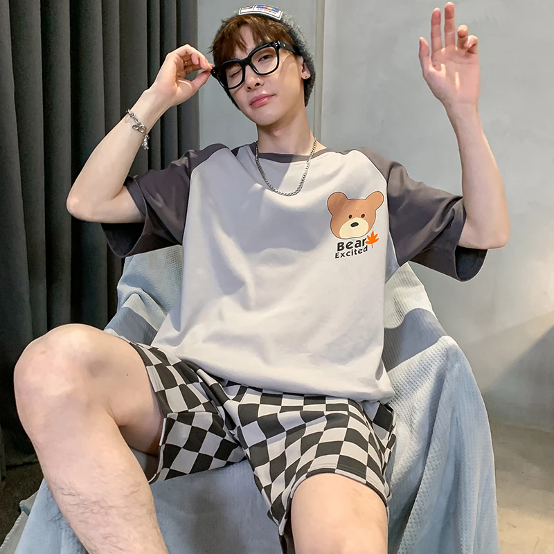 bejirog/北极绒男士纯棉学生潮流宽松圆领短袖休闲居家睡衣套装