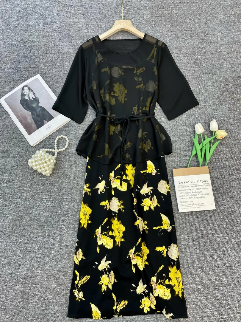 【苗姐优选】艺术感印花吊带防晒网纱两件套套装KNPW6622