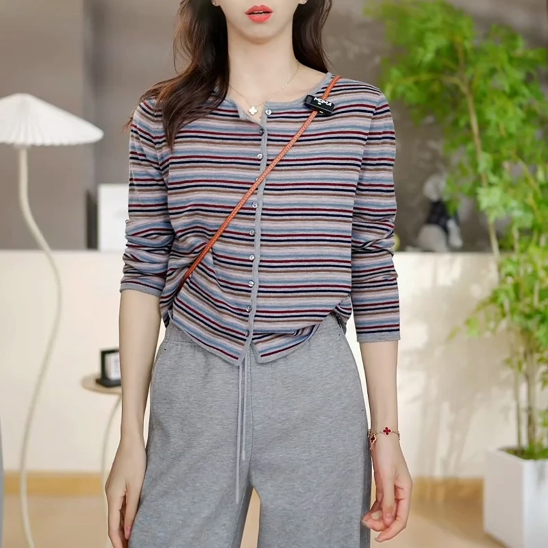 复古气质条纹长袖针织开衫女2025春秋新款宽松显瘦休闲打底衫上衣