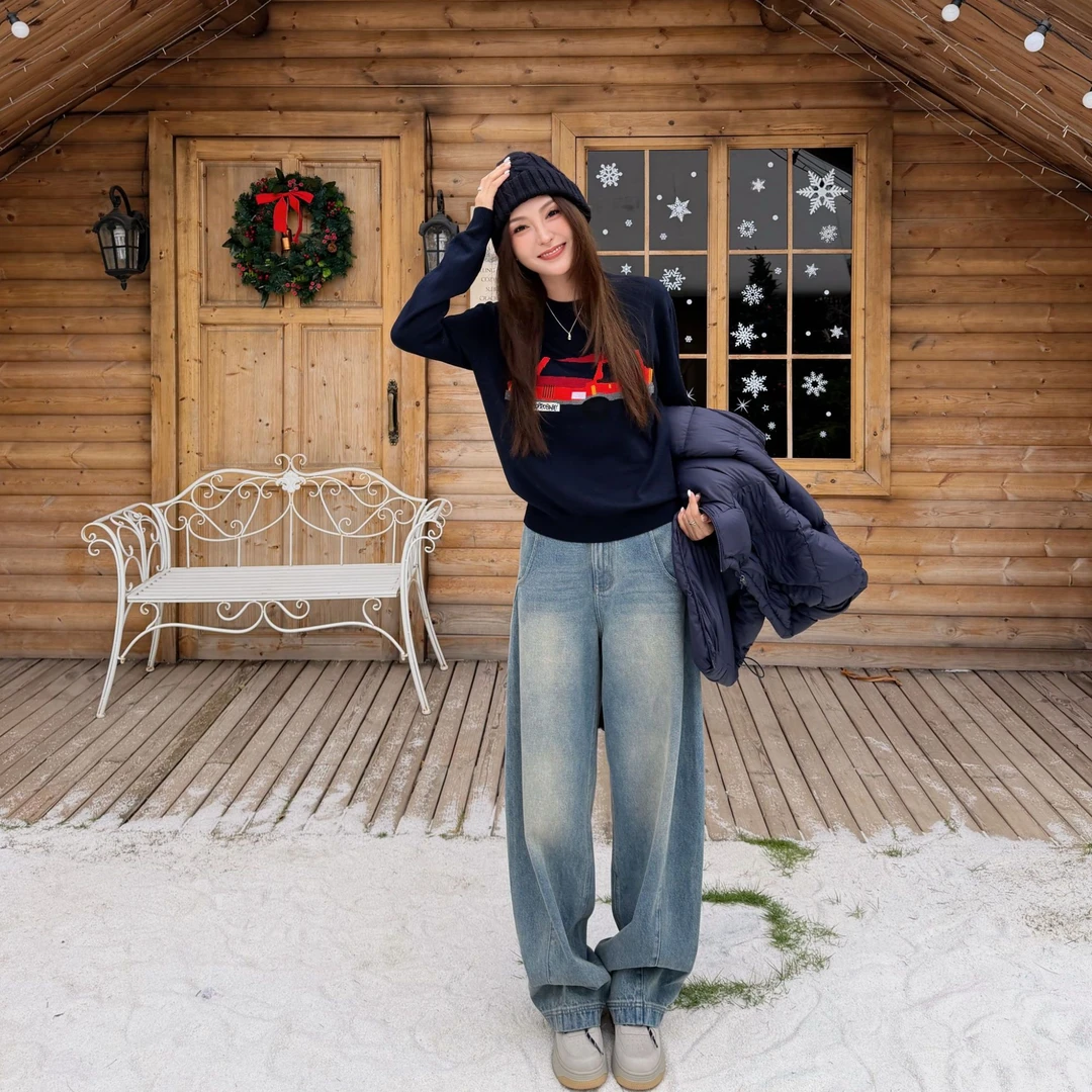 Moprobably李予诺「群像」"100%棉"软洗水弯刀做旧感牛仔裤L5473027