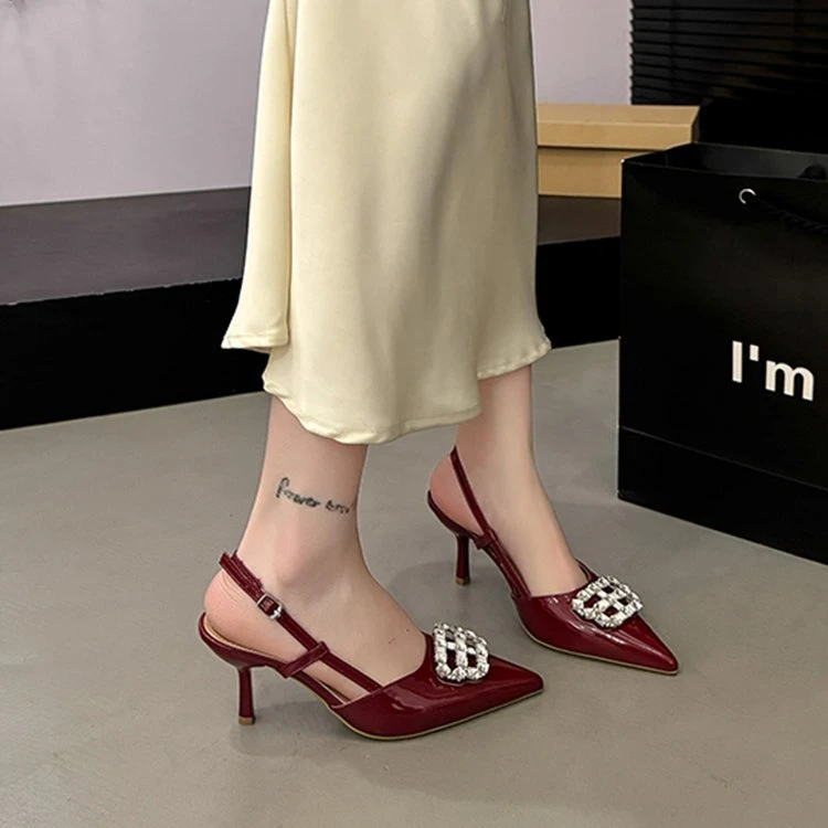 2025水钻高级感包头凉鞋尖头一字带裸色高跟鞋女细跟绝美性感单鞋