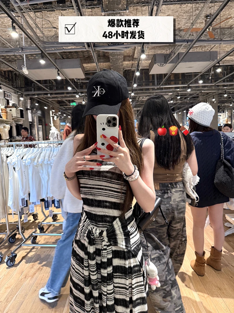 显瘦女夏黑白撞色长款美式假两件条纹绑带背心裙 夏季