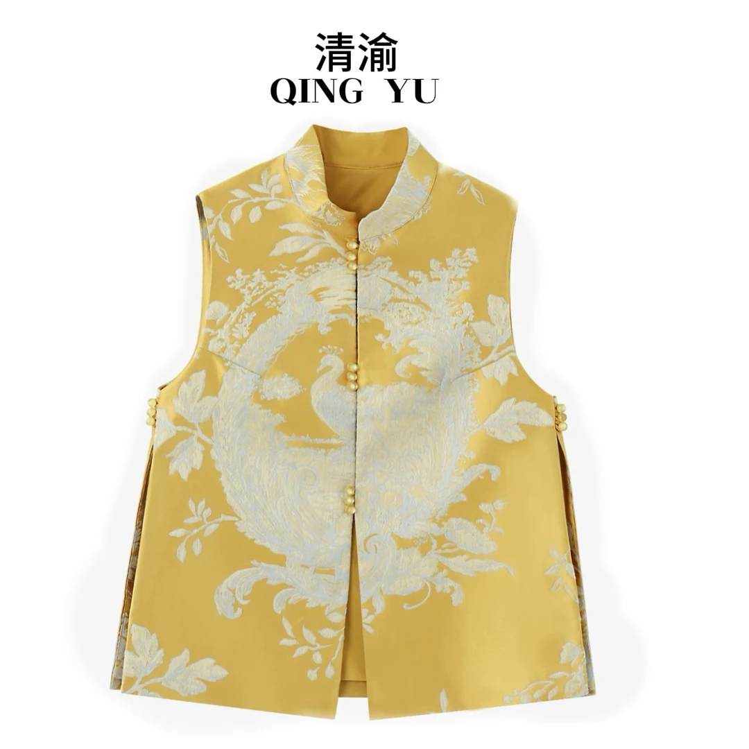 复古薄款植物花卉单排扣提花马夹中式夏季马甲秋气质双面