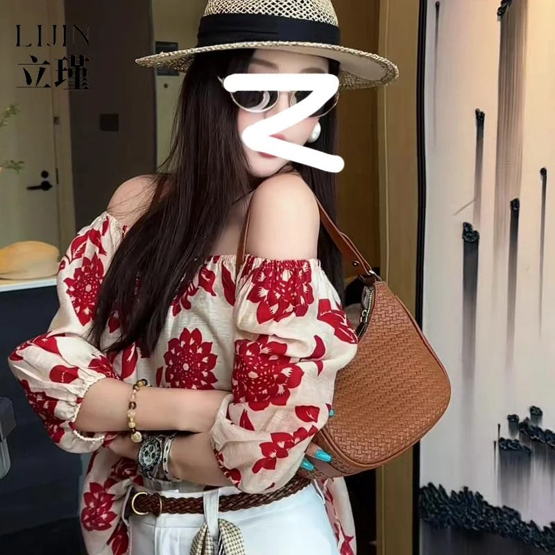 时尚休闲一字肩印花短袖衬衫女夏季高级感轻奢减龄洋气露肩上衣薄