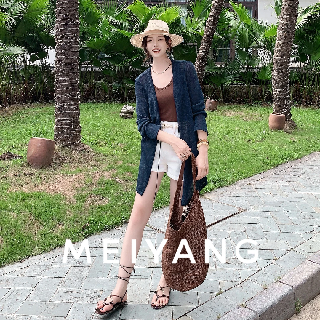 美洋MEIYANG 蓝山开衫 单面针和纸纱_简约V领串珠绑带针织衫-周五