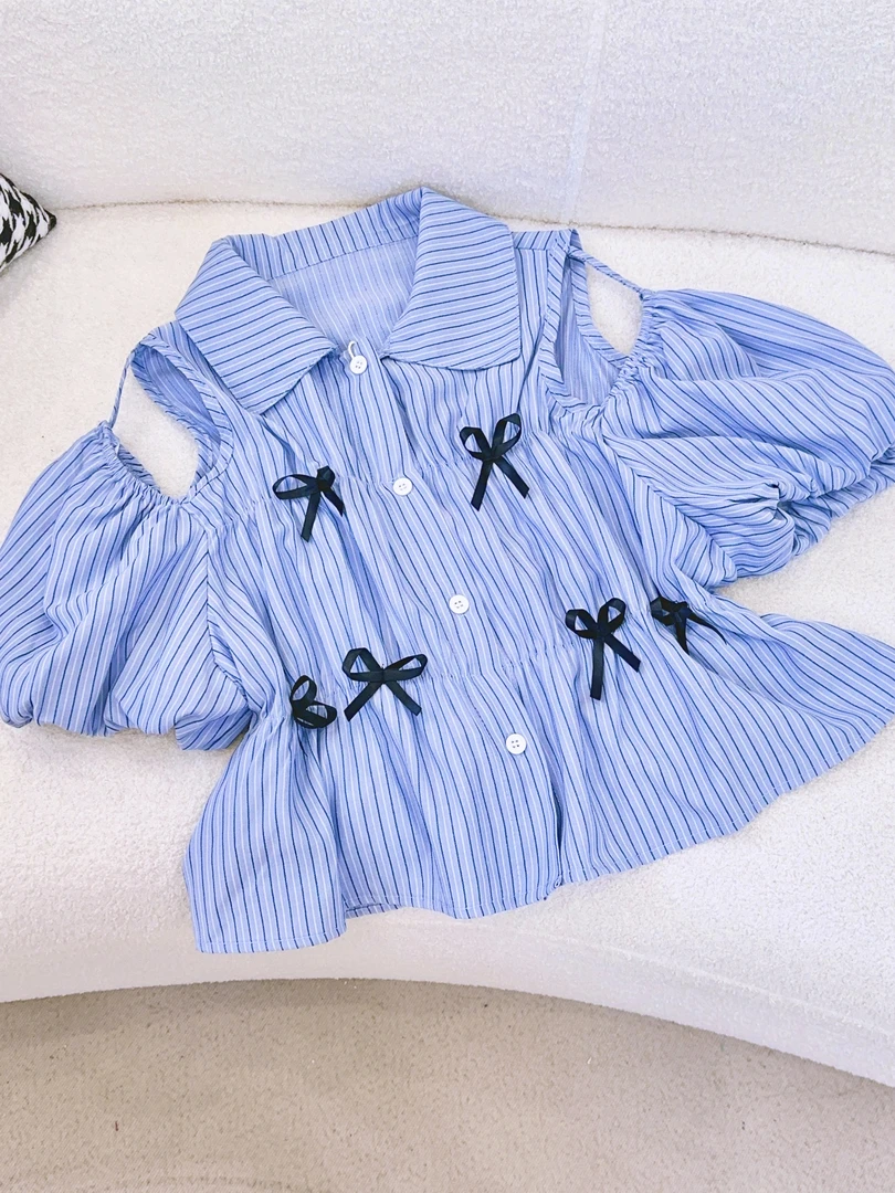 琳心丨夏季新款蓝色竖条纹泡泡袖蝴蝶结系带开衫衬衫 0870