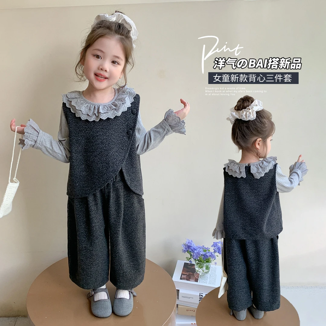 小女孩春秋装洋气女宝宝韩系套装时髦女宝宝马甲三件套小童秋装潮