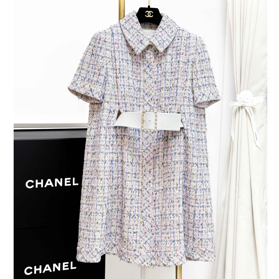 99新 Chanel/香奈儿 36码游轮系列粉蓝白格子编织短袖连衣裙