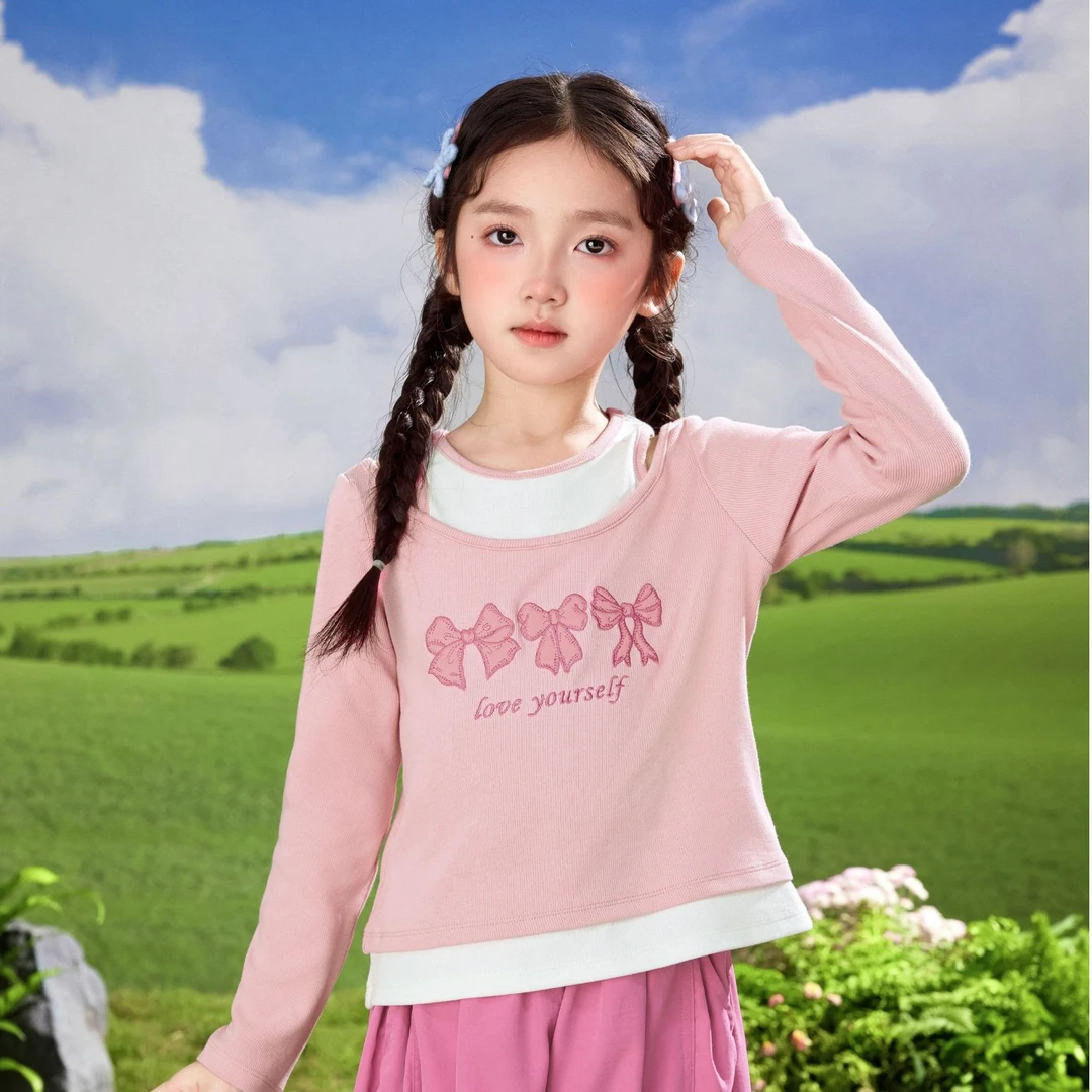 小茵曼长袖t恤2025秋季蝴蝶结打底衫中大童套头上衣G3851209