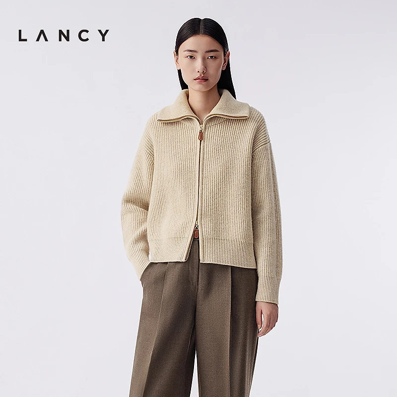 【纯羊毛】LANCY/朗姿2025冬新款气质大翻领针织衫双拉链短上衣女