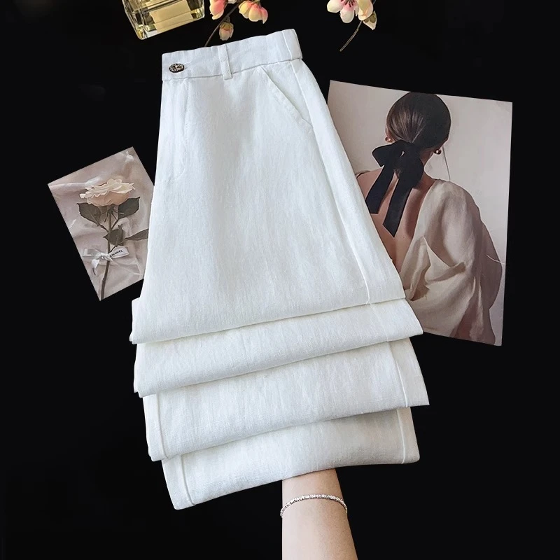 棉麻阔腿裤女春季2025新款夏季垂感直筒休闲裤高级感白色亚麻裤子