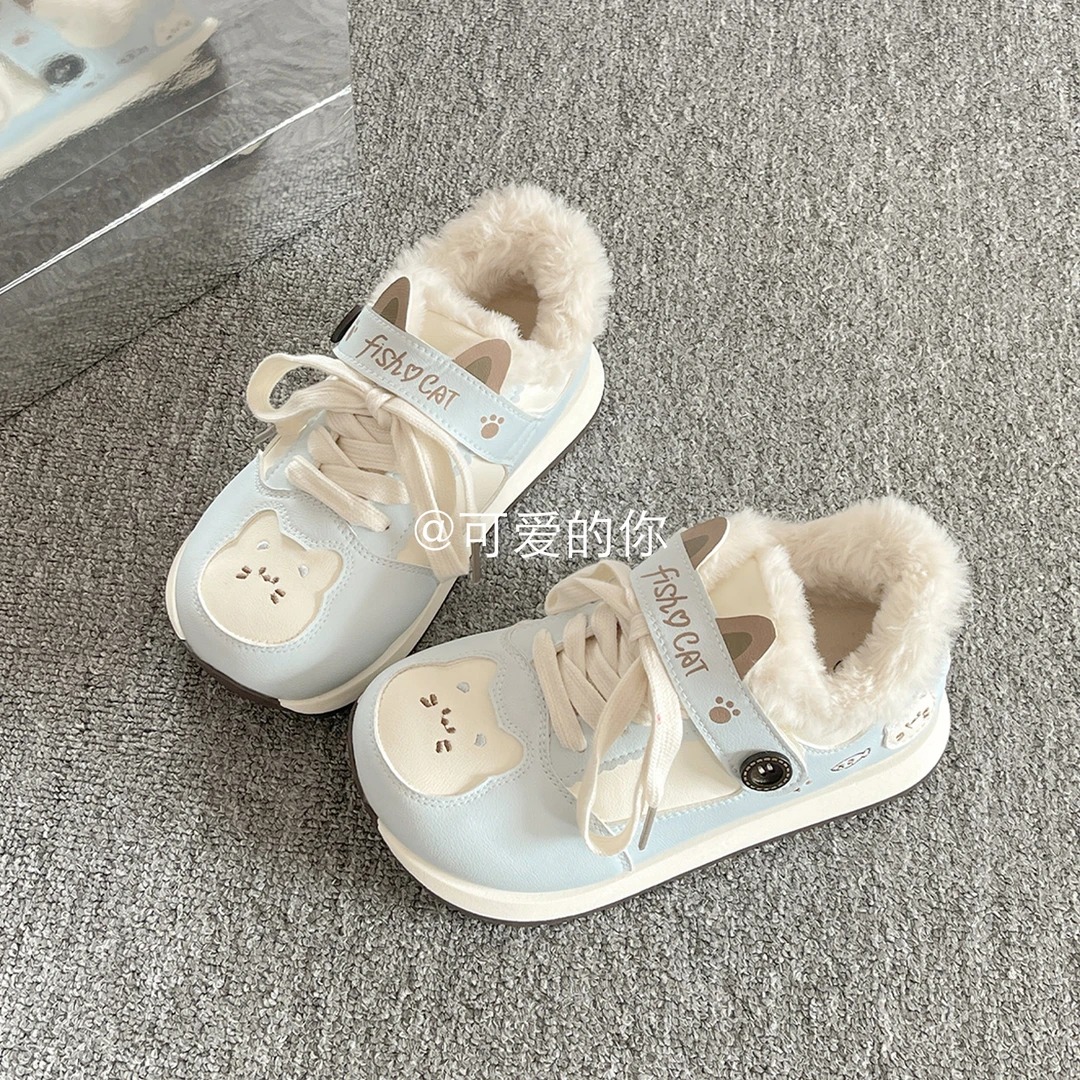 冬季加绒面包鞋女款爆款2025新款保暖板鞋原创小众设计厚底小白鞋