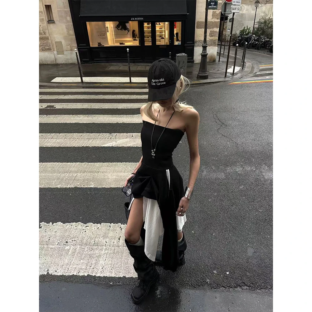 黑色抹胸连衣裙夏修身显瘦不规则中长裙性感辣妹高腰小众裙20891