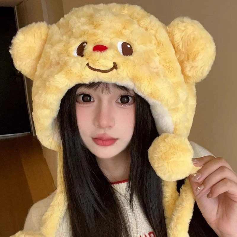 黄油小熊毛绒帽子女秋冬季骑车保暖防寒雷锋帽可爱卡通针织帽ACY