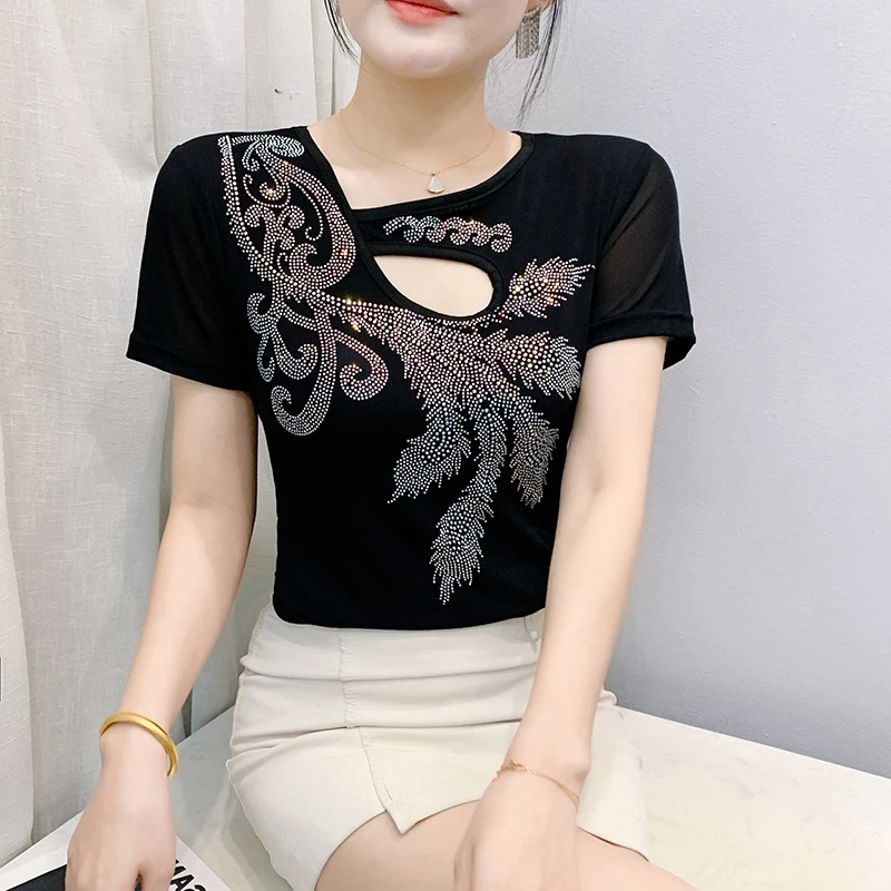 YX-806夏季新款修身显瘦重工烫钻短袖T恤镂空性感洋气打底衫