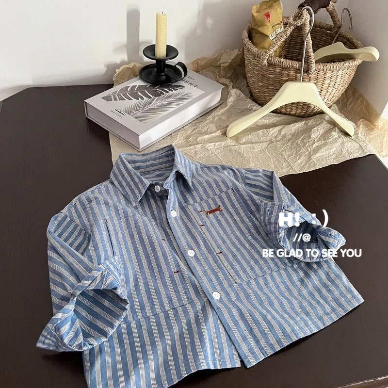 韩版童装男童衬衫2025春装新款宝宝时髦洋气简约宽松休闲条纹开衫