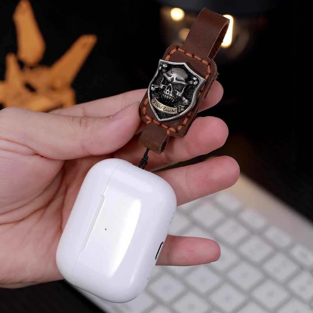真皮植糅头层牛皮骷髅白铜铆钉智能苹果耳机挂机绳airpods pro234