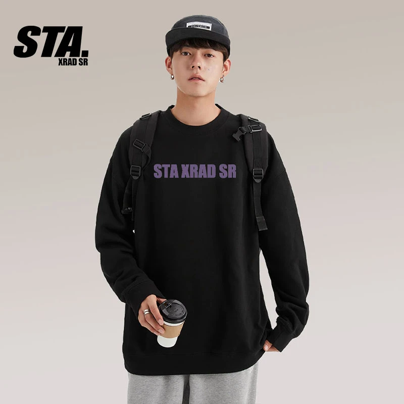 STA.美式国潮圆领男士卫衣春秋爆款2025黑色宽松新款重磅休闲长袖