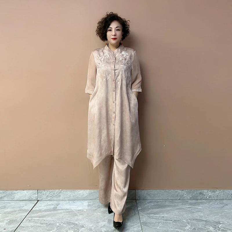 2508高端时尚妈妈装刺绣套装新款大码宽松夏装阔太太中式两件套