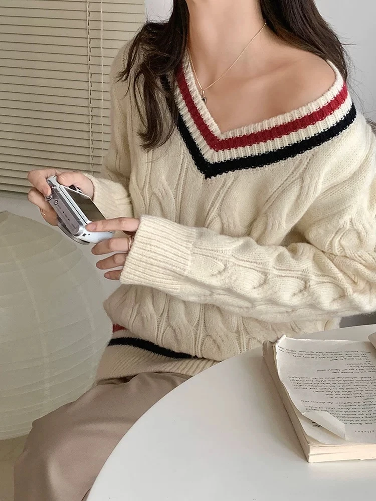 鬼马大熊羊毛家套头V领针织衫撞色毛衣女百搭宽松慵懒学院风