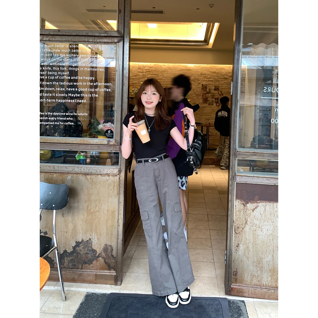 切糕【复古浪潮】小个子女时尚春游显瘦高腰阔腿小众工装牛仔裤