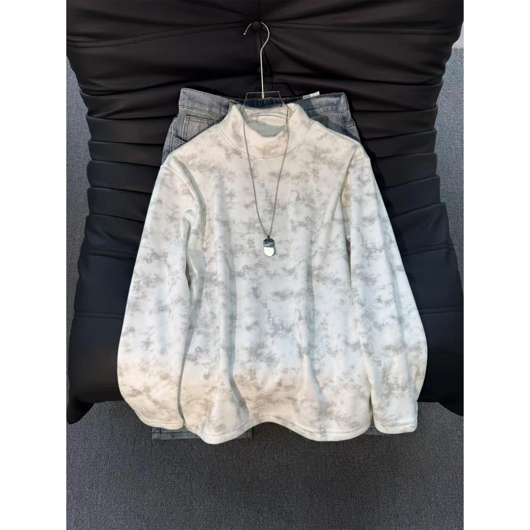 半高领扎染德绒打底衫男款秋冬季高级感美式保暖卫衣情侣宽松上衣