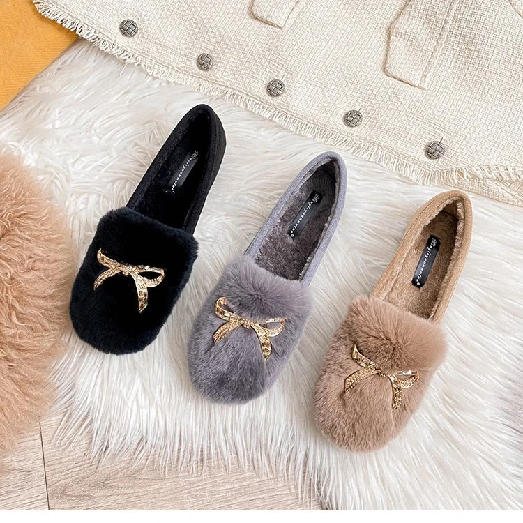 水钻蝴蝶结毛毛鞋女冬外穿2025新款厚底加绒豆豆鞋女孕妇棉鞋大码