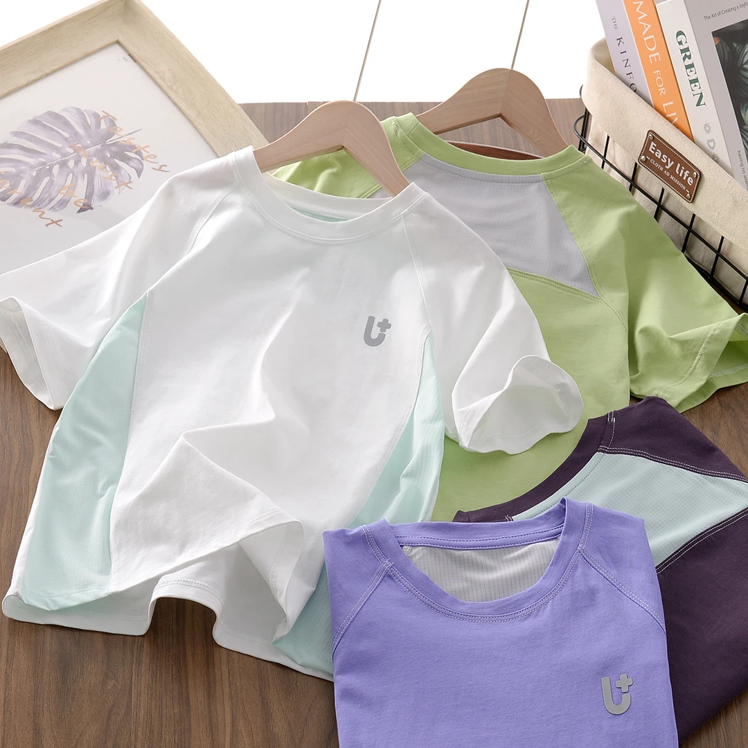 LYJL6722【透气0闷热】男女童纯棉速干洞洞短袖T中大童轻盈运动上衣