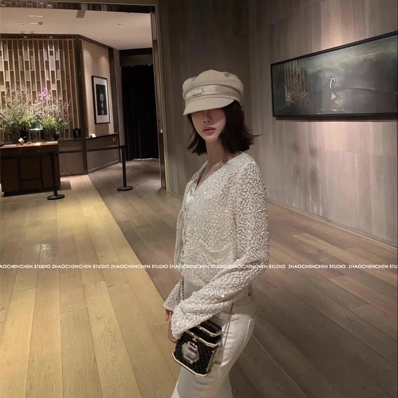 【大大钱】小香风镂空亮片针织开衫女春秋法式高级感吊带