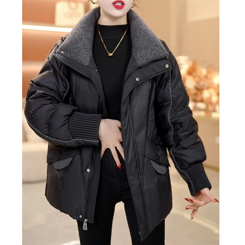 休闲时尚保暖国标90绒羽绒服黑色显瘦韩版宽松白鸭绒外套加肥加大