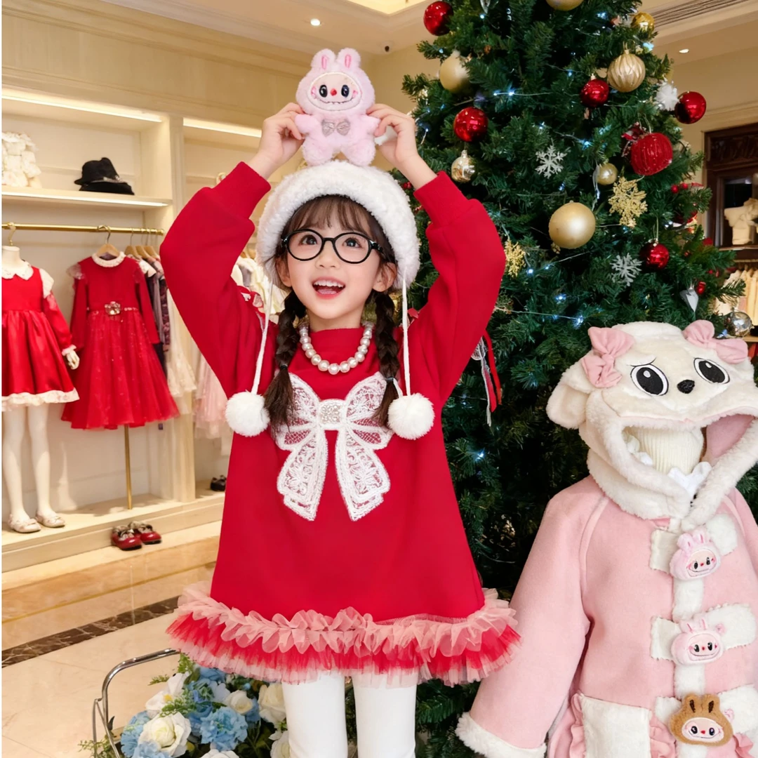 MN女童蝴蝶结加绒卫衣裙2025秋冬新款洋气宝宝显白连衣裙保暖厚裙