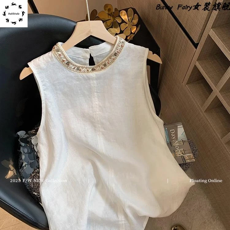 亚麻无袖背心女夏季薄款2025新款复古民族风编织钉珠宽松显瘦上衣